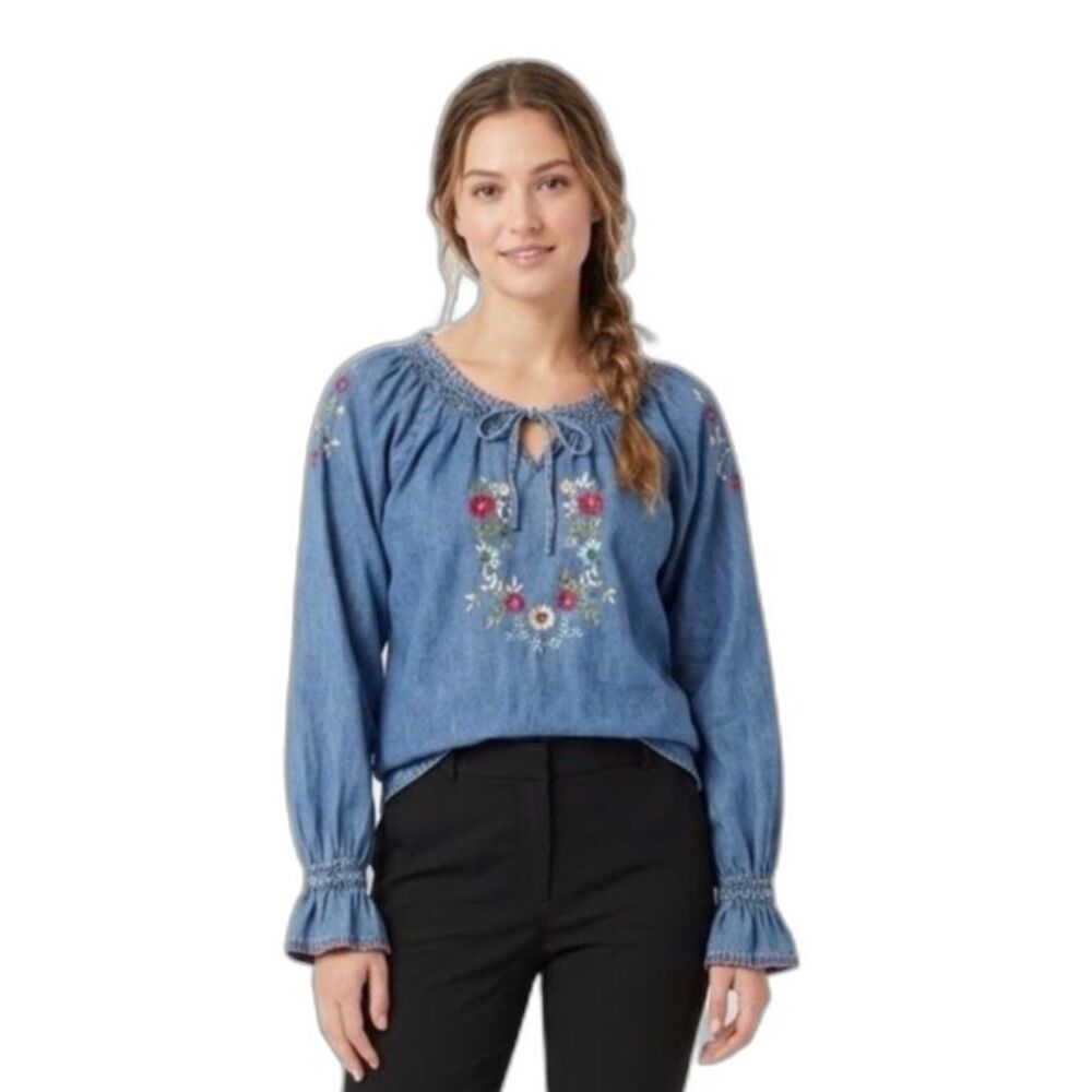 New Directions Women's Blue Denim Floral Embroidery VTG LS Peasant Blouse Size L